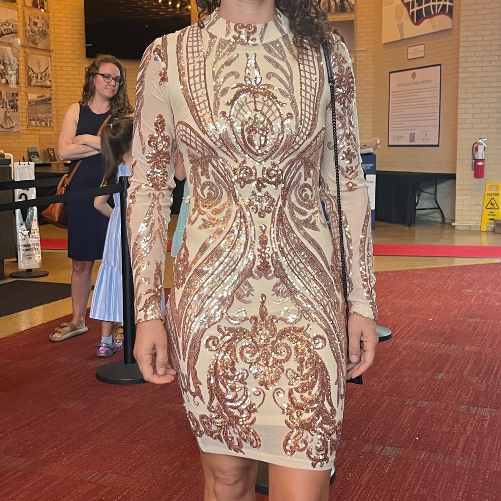 Elegant Sequin Embellished Dress - Cream and Gold